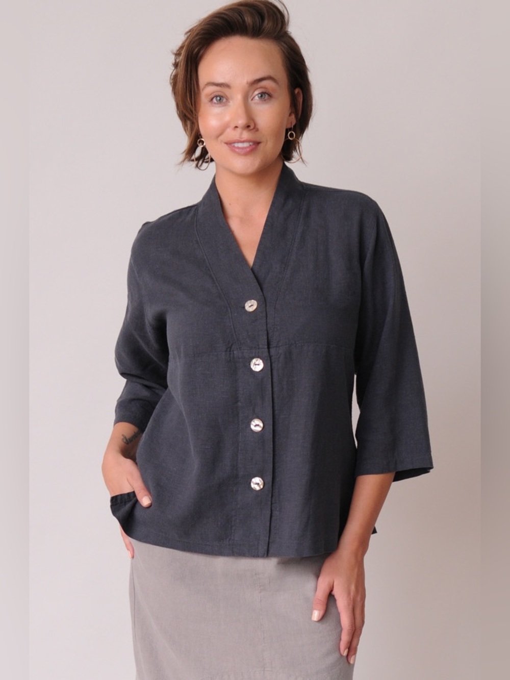 Sympatico Clothing l top featuring a shawl collar-linen